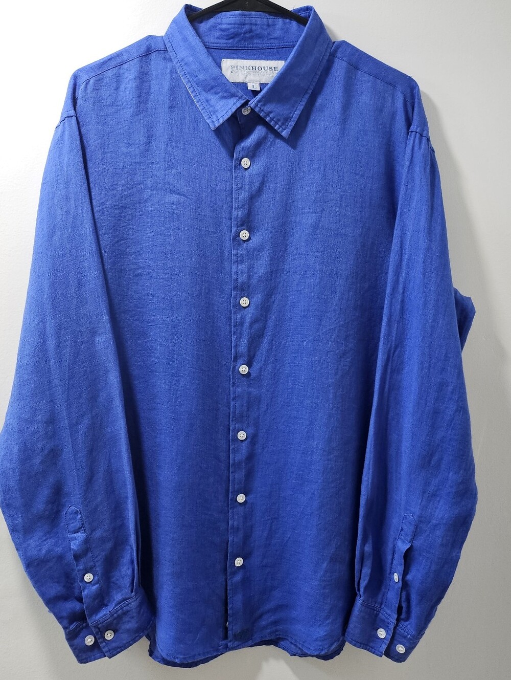 Pink House Mustique Mens Linen Button Down Shirt Large Royal Blue Palm Cuffs